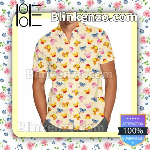 Pooh Bear & Friends In Mickey Mouse Pattern Disney Cartoon Graphics Yellow Summer Hawaiian Shirt, Mens Shorts