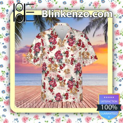 Queen Rock Band Floral Pattern White Summer Hawaiian Shirt, Mens Shorts