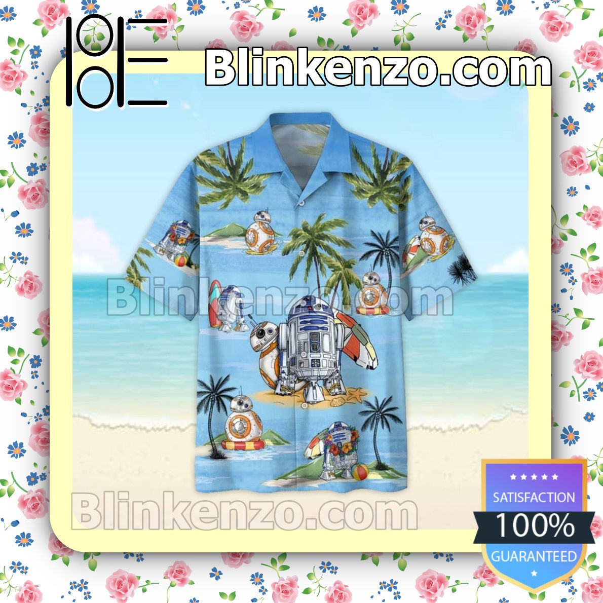R2 D2 & BB 8 Star Wars On Island Summer Hawaiian Shirt, Mens Shorts