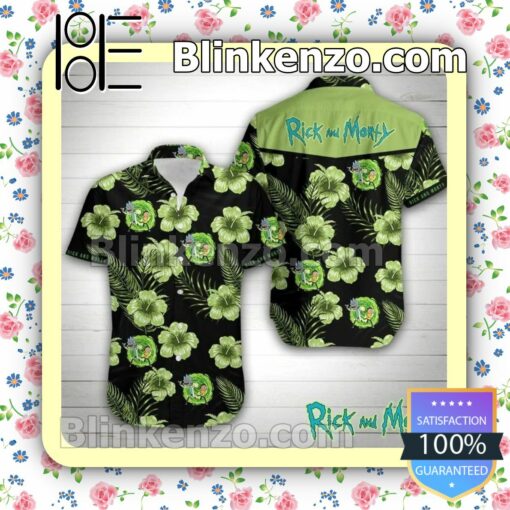 Rick And Morty Green Hibiscus Black Summer Shirt
