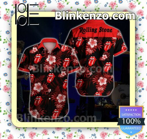 Rolling Stones Hibiscus Palm Leaves Tropical Red Black Summer Shirts