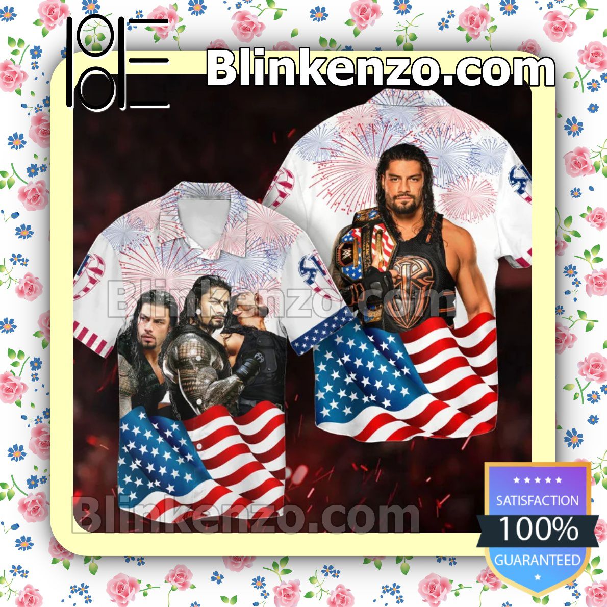 Roman Reigns Wwe American Flag Firework Independence Day Men's Button-Down Shirts