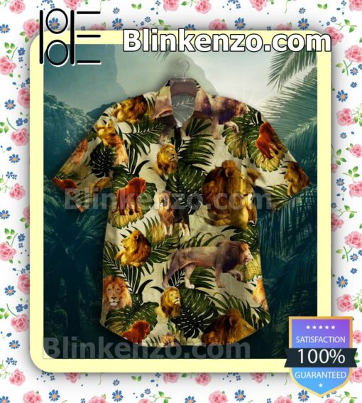 Safari Lion Tropical Leaf Print Summer Shirt