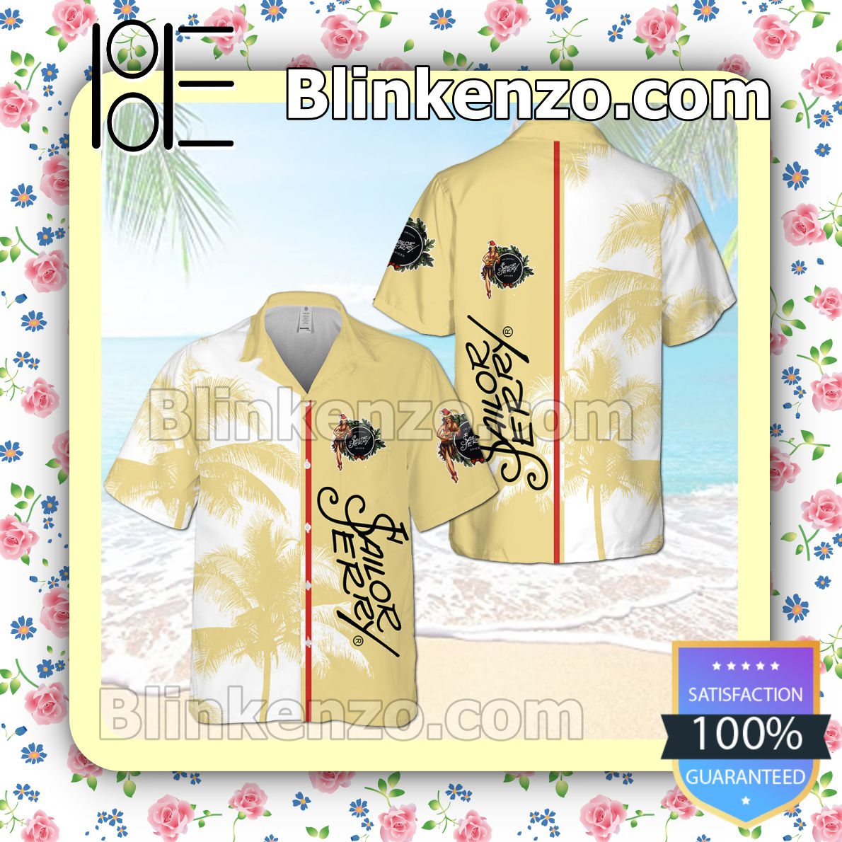 Sailor Jerry Rum Palm Tree White Yellow Summer Hawaiian Shirt, Mens Shorts