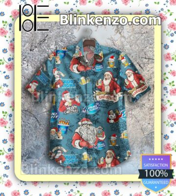 Santa Claus Drink Bud Light Beer Blue Button-down Shirts