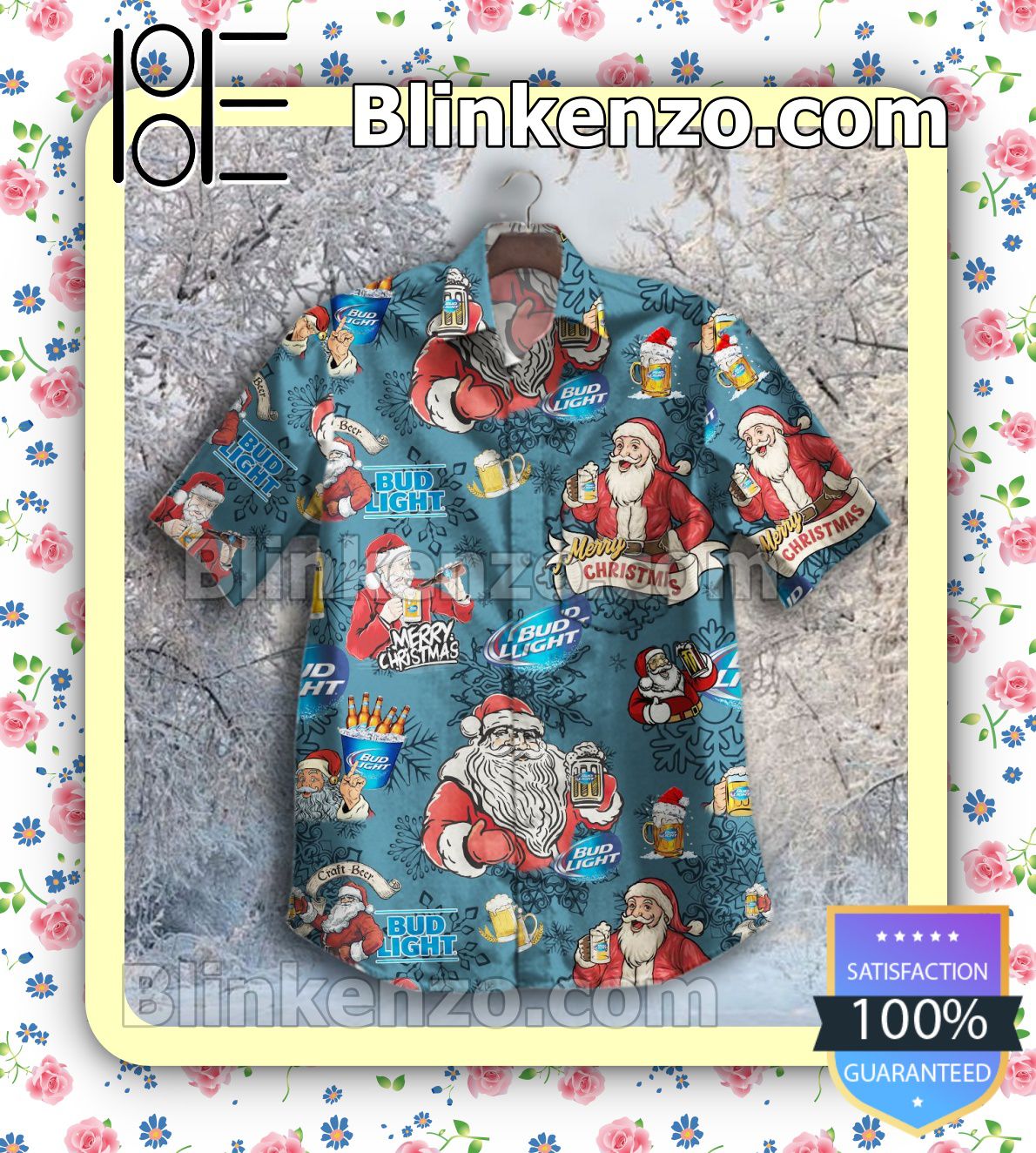 Santa Claus Drink Bud Light Beer Blue Casual Button-down Shirts