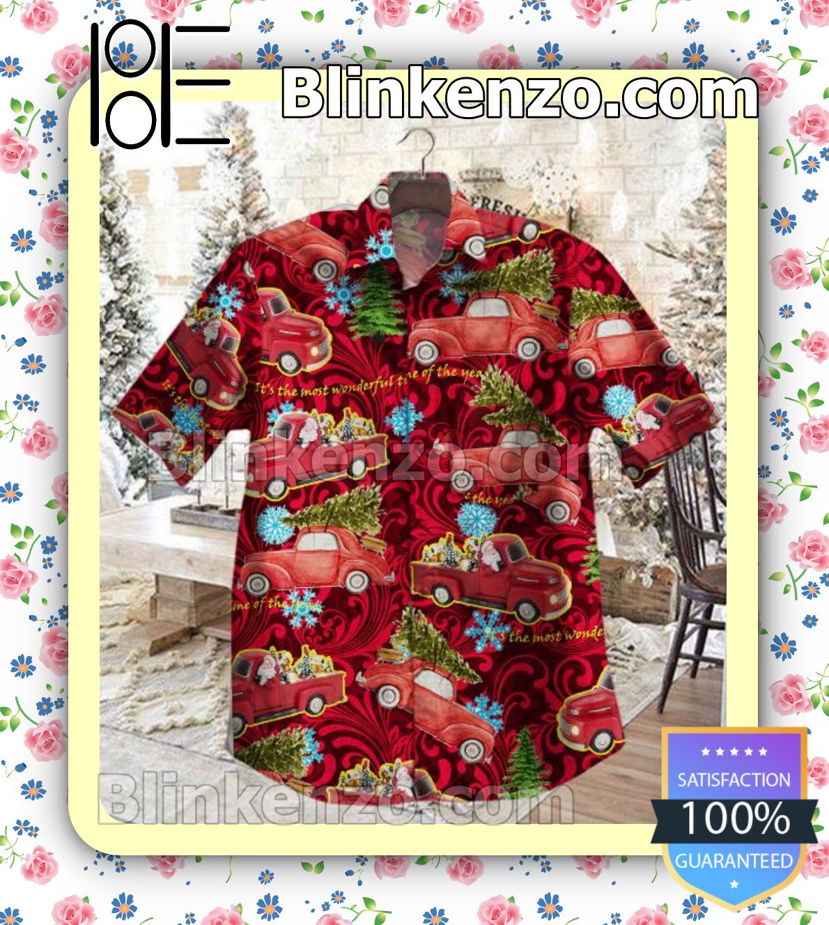 Santa Claus On Car It's The Most Wonderful Time Of The Year Red Casual Button-down Shirts