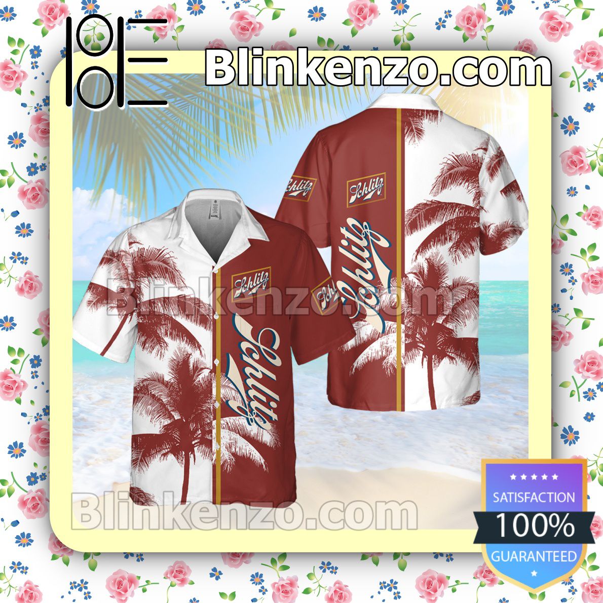 Schlitz Beer Palm Tree White Red Summer Hawaiian Shirt, Mens Shorts