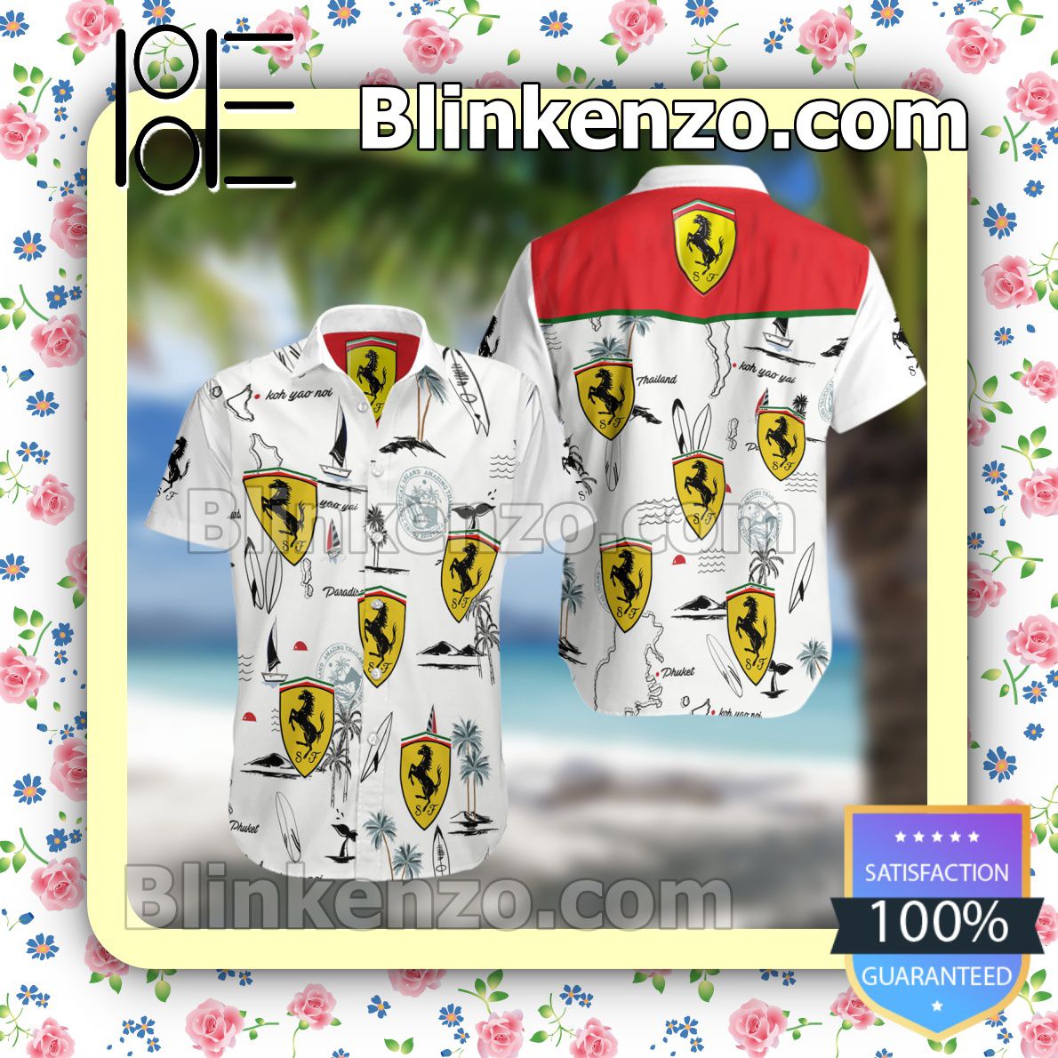 Scuderia Ferrari F1 Racing White Summer Hawaiian Shirt, Mens Shorts
