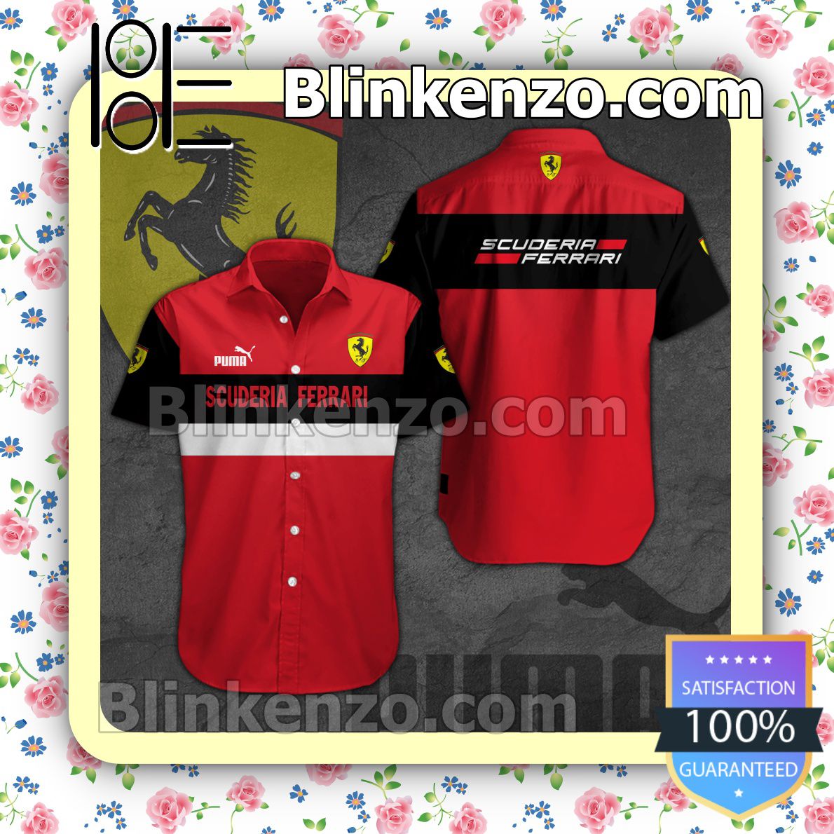 Scuderia Ferrari Puma Red Black Summer Hawaiian Shirt, Mens Shorts