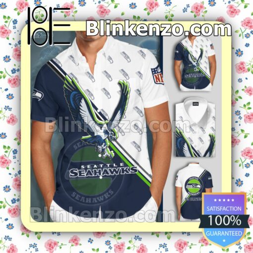 Seattle Seahawks Logo Navy White Summer Hawaiian Shirt, Mens Shorts