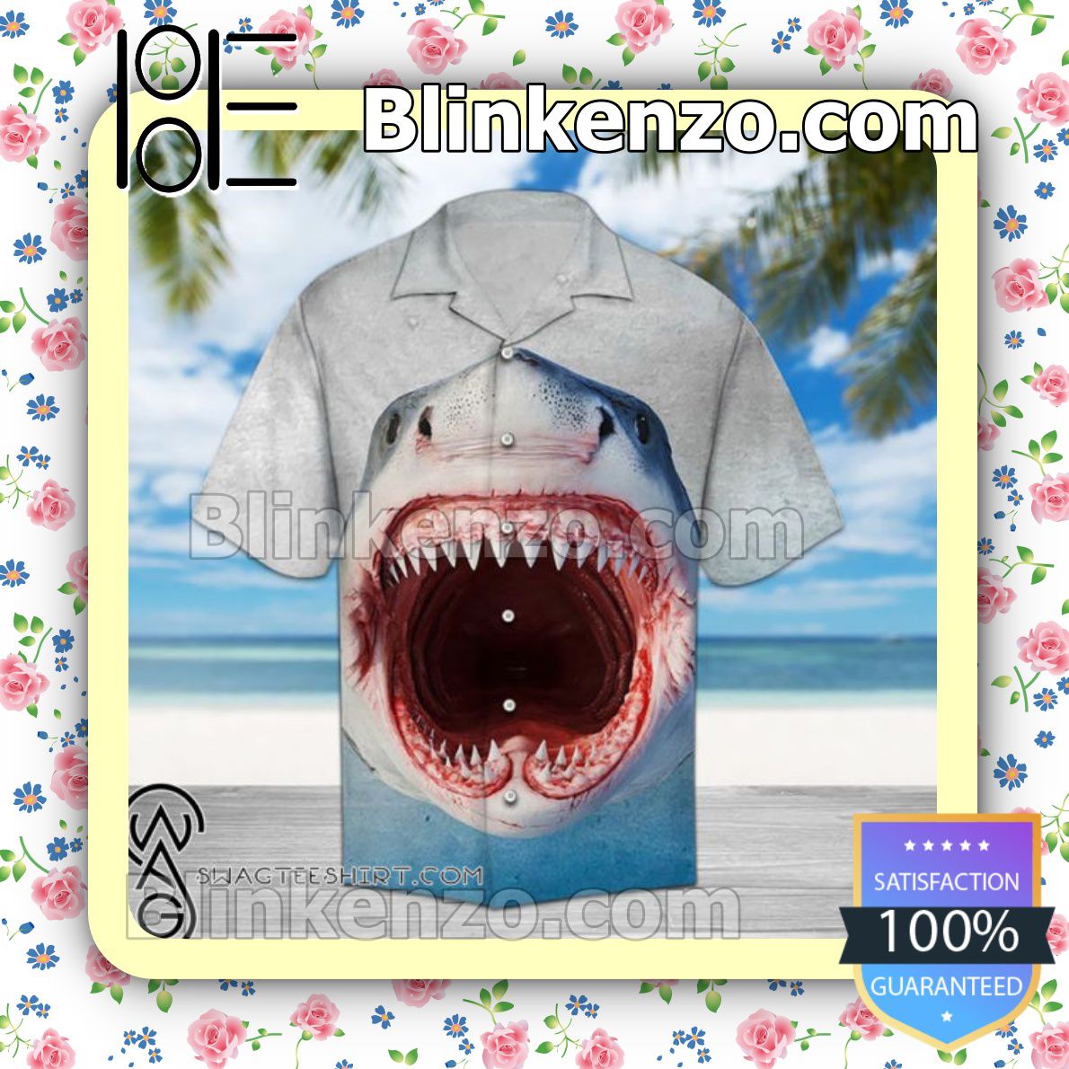 Shark Face Summer Hawaiian Shirt, Mens Shorts