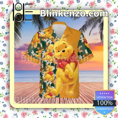 Shy Winnie The Pooh Disney Cartoon Graphics Floral Pattern Orange Summer Hawaiian Shirt, Mens Shorts