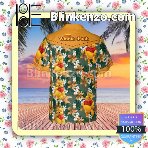 Shy Winnie The Pooh Disney Cartoon Graphics Floral Pattern Orange Summer Hawaiian Shirt, Mens Shorts a