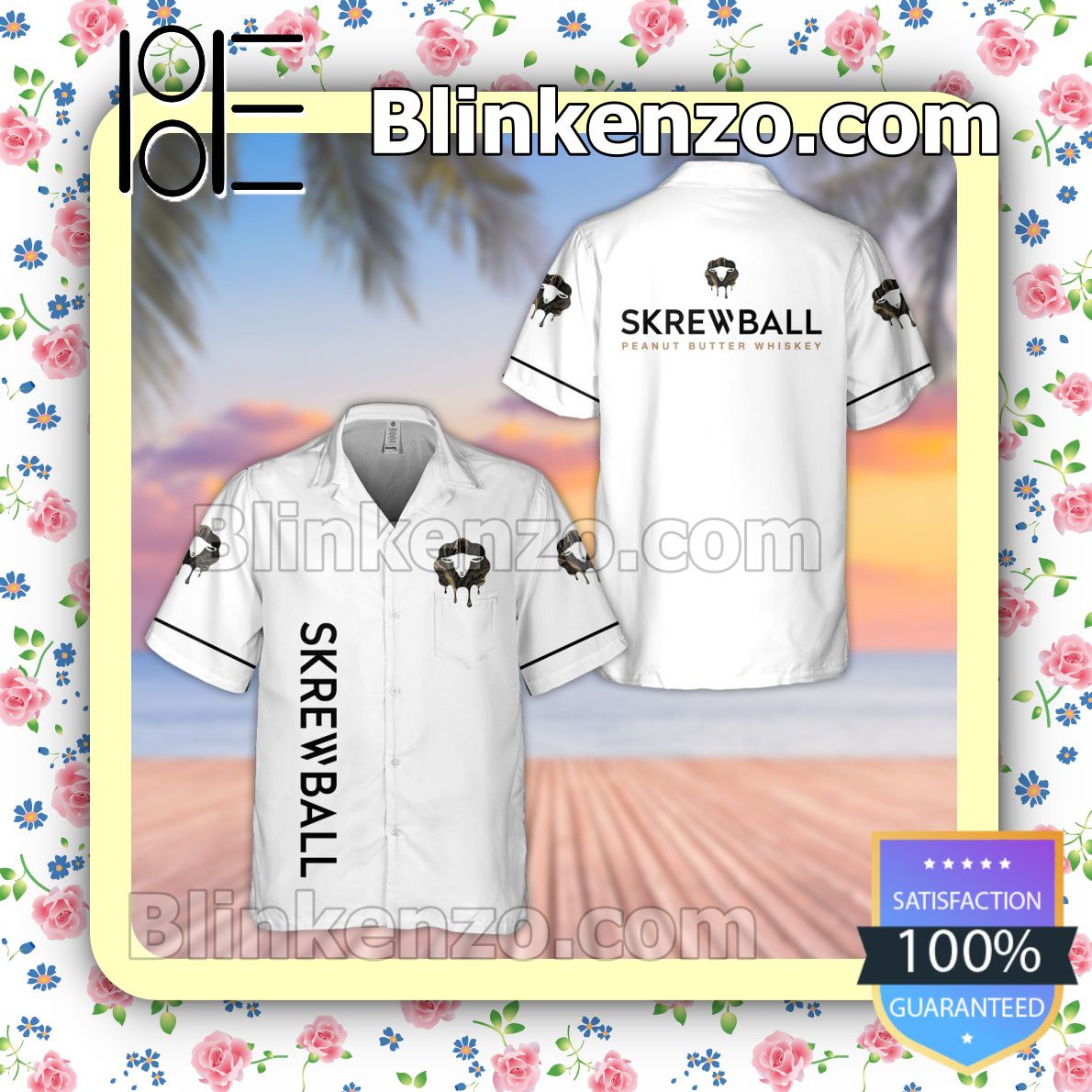 Skrewball Whiskey White Summer Hawaiian Shirt, Mens Shorts