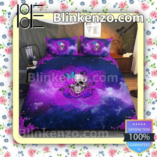 Skull Butterfly Purple Galaxy Halloween Queen King Quilt Blanket Set a