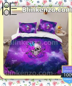 Skull Butterfly Purple Galaxy Halloween Queen King Quilt Blanket Set b