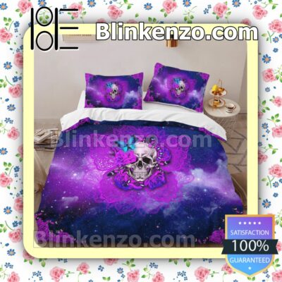 Skull Butterfly Purple Galaxy Halloween Queen King Quilt Blanket Set b