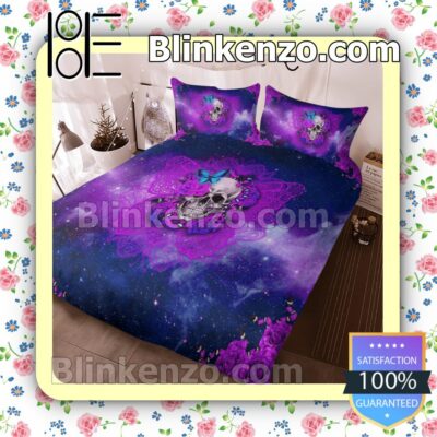 Skull Butterfly Purple Galaxy Halloween Queen King Quilt Blanket Set c