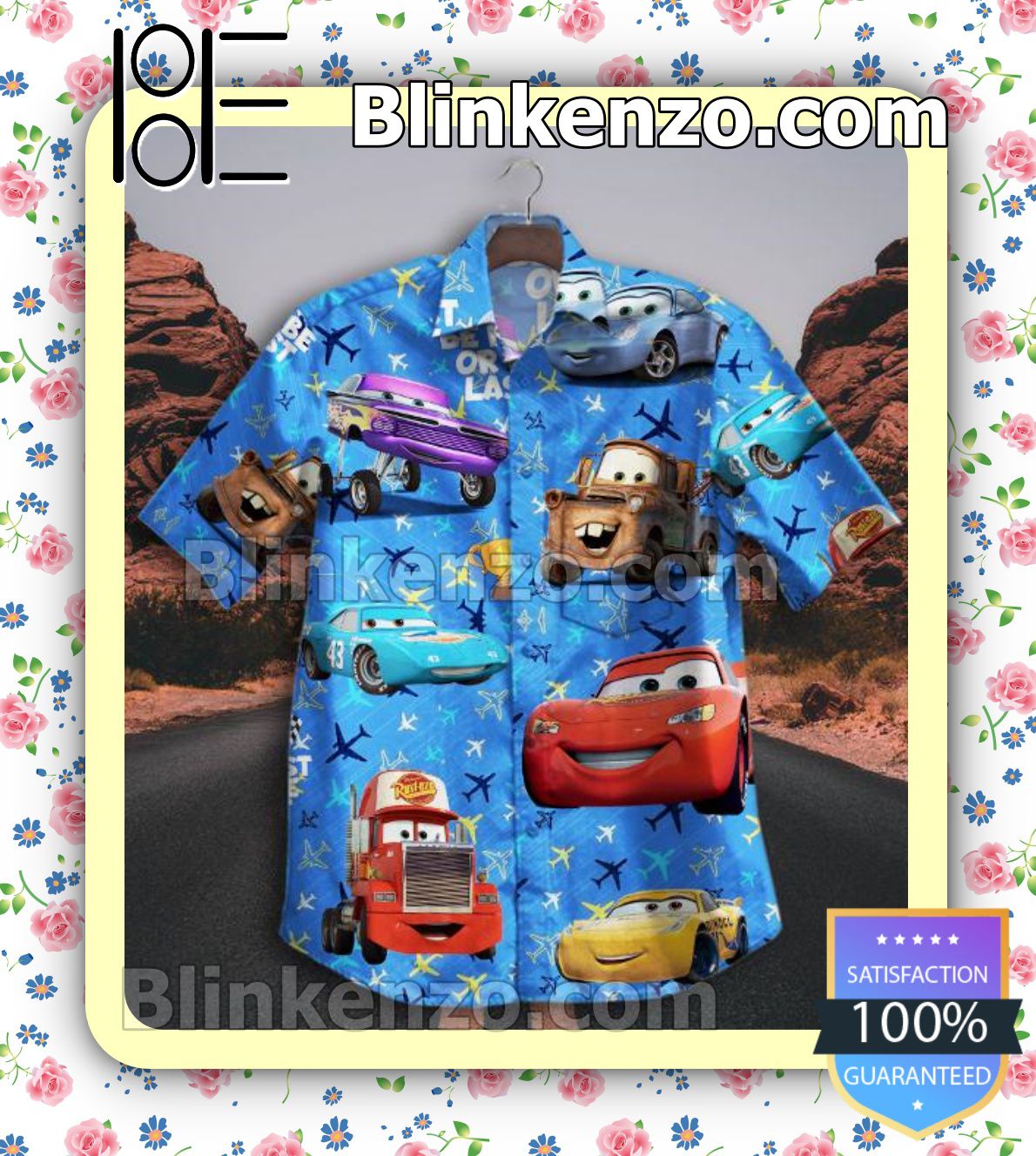 Smile Cars With Plane Full Print Blue Casual Button-down Shirts