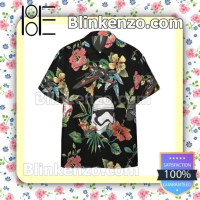 Star Wars Stormtrooper & Spaceship Hibicus Black Summer Hawaiian Shirt a