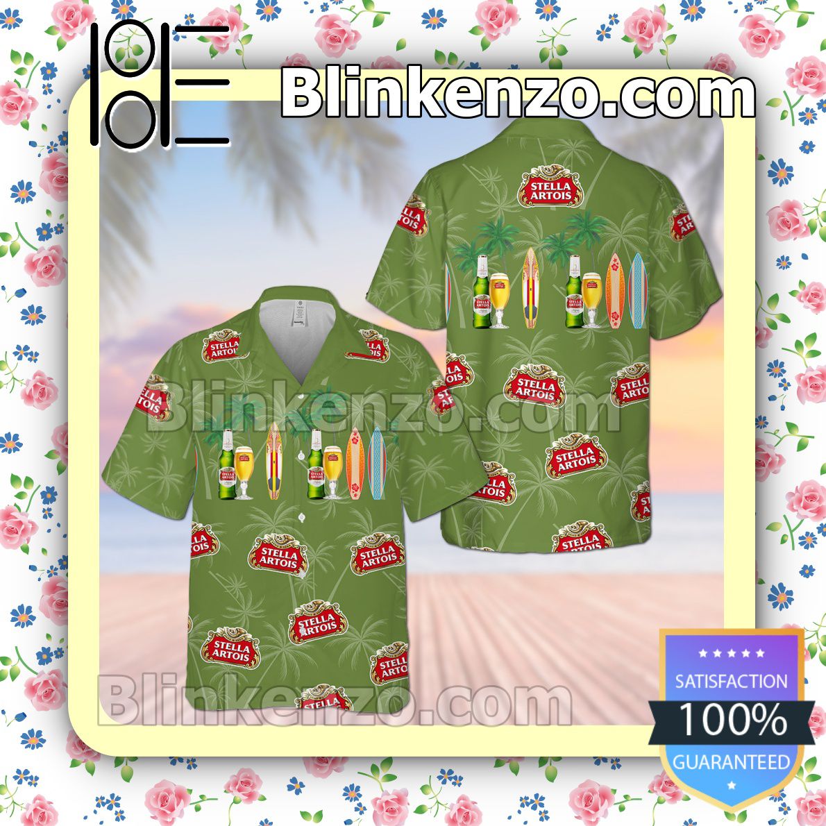 Stella Artois Palm Tree Green Summer Hawaiian Shirt, Mens Shorts