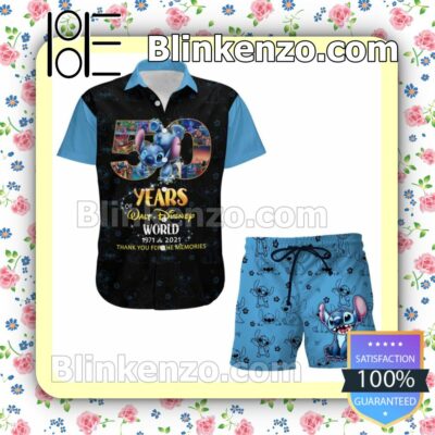 Stich 50th Anniversary Glitter Disney Castle Black Blue Summer Hawaiian Shirt, Mens Shorts