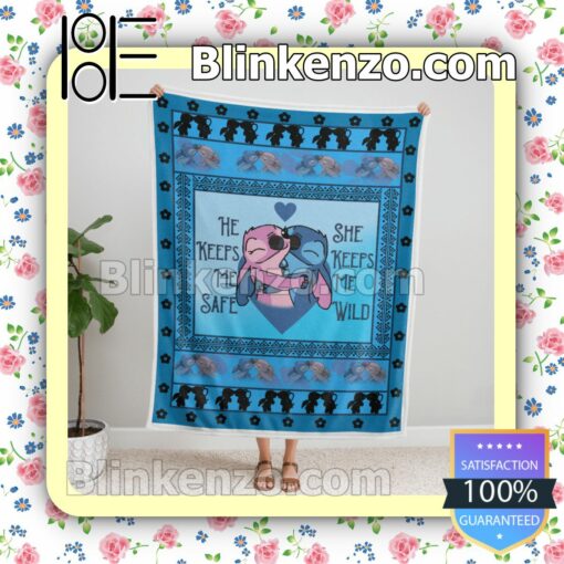 Stitch Couple He Keeps Me Safe She Keeps Me Wild Customized Handmade Blankets