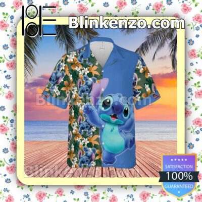 Stitch Disney Cartoon Graphics Floral Pattern Blue Summer Hawaiian Shirt, Mens Shorts