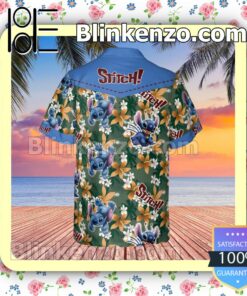Stitch Disney Cartoon Graphics Floral Pattern Blue Summer Hawaiian Shirt, Mens Shorts a