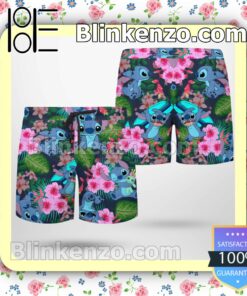 Stitch Pink Hibiscus Hawaiian Shirts, Swim Trunks c