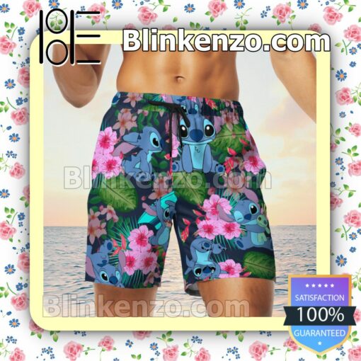 Stitch Pink Hibiscus Hawaiian Shirts, Swim Trunks x