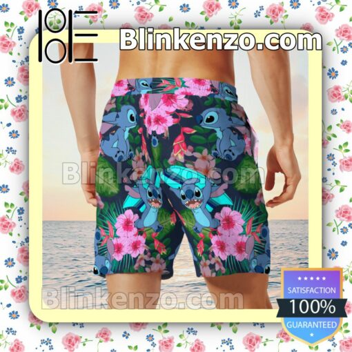 Stitch Pink Hibiscus Hawaiian Shirts, Swim Trunks y