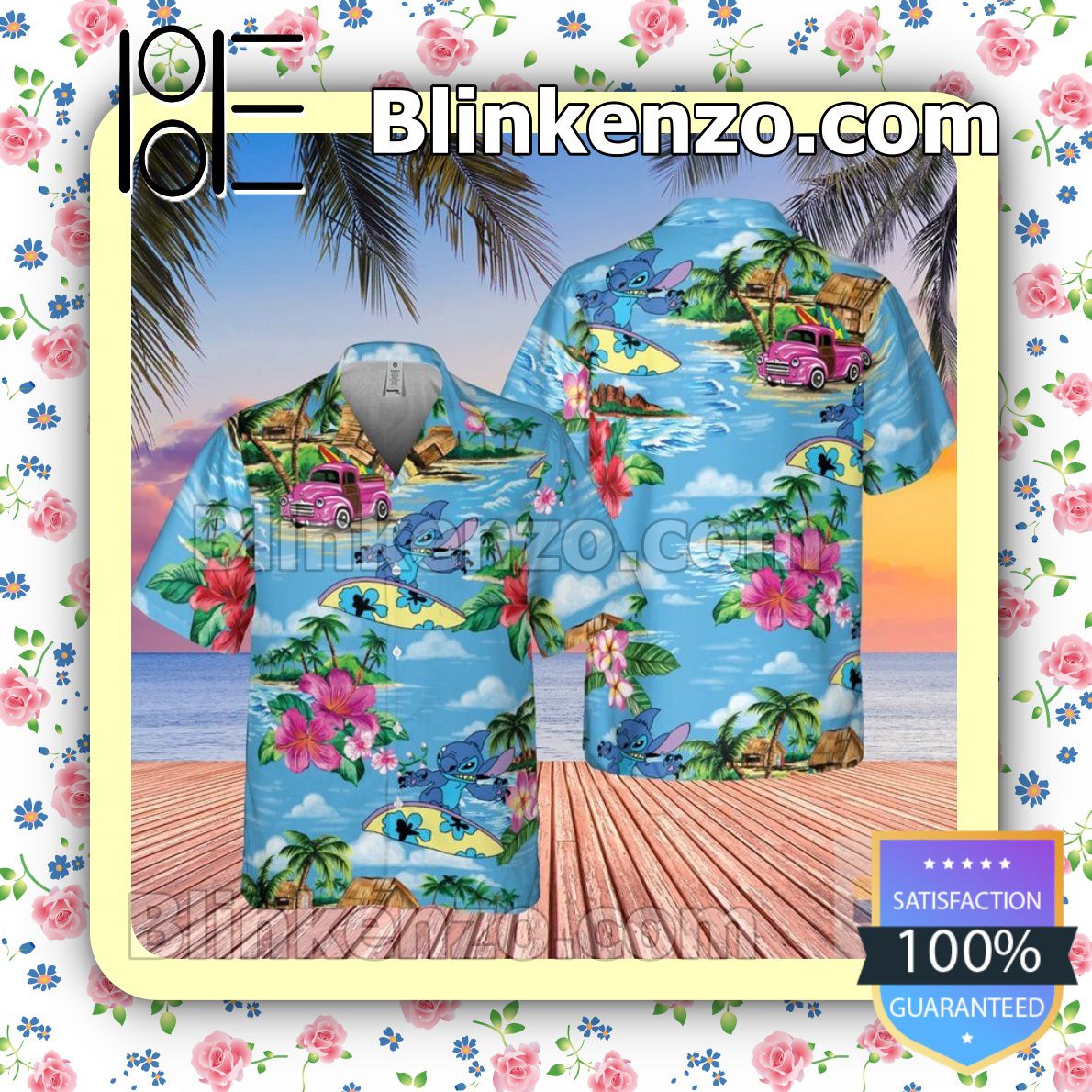 Stitch Surfing Pink Car And Hibicus Blue Summer Hawaiian Shirt, Mens Shorts