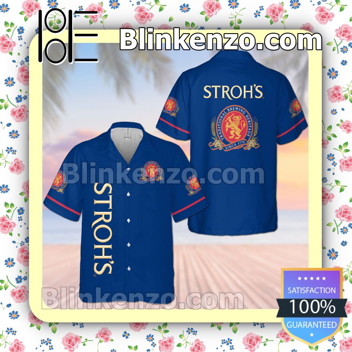 Stroh's Beer Flower Blue Summer Hawaiian Shirt, Mens Shorts
