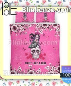 Sugar Skull Fight Like A Girl Breast Cancer Awareness Queen King Quilt Blanket Set