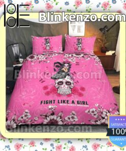 Sugar Skull Fight Like A Girl Breast Cancer Awareness Queen King Quilt Blanket Set a