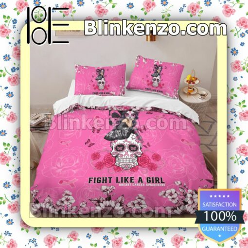 Sugar Skull Fight Like A Girl Breast Cancer Awareness Queen King Quilt Blanket Set b