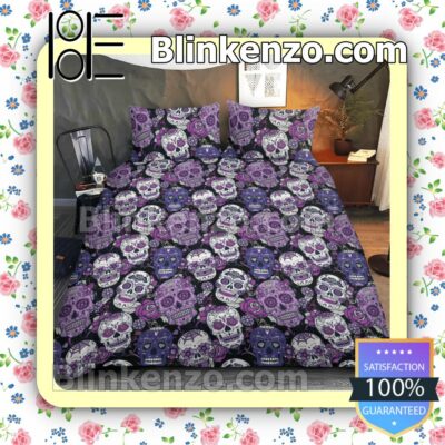 Sugar Skull Purple Halloween Queen King Quilt Blanket Set a