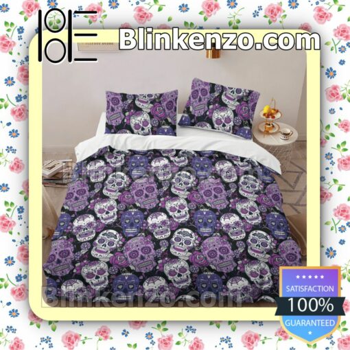 Sugar Skull Purple Halloween Queen King Quilt Blanket Set b