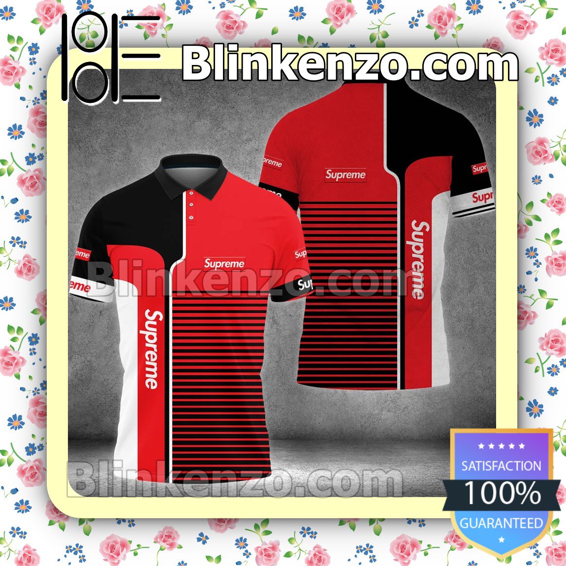 Supreme Horizontal Stripes Black White Red Embroidered Polo Shirts