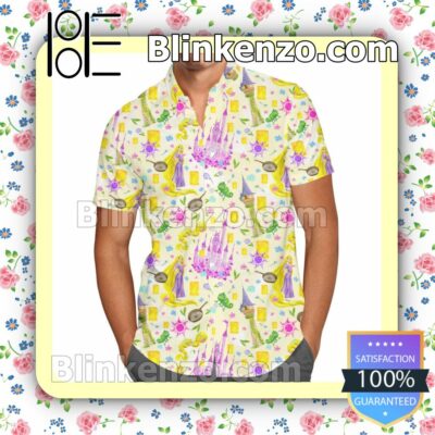 Tangled World Disney Cartoon Graphics Yellow Summer Hawaiian Shirt, Mens Shorts