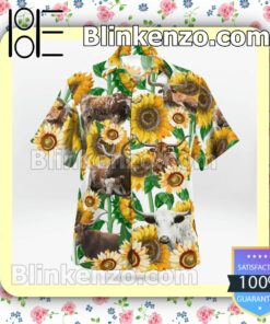 Texas Longhorn Cattle Sunflower  Summer Hawaiian Shirt, Mens Shorts
