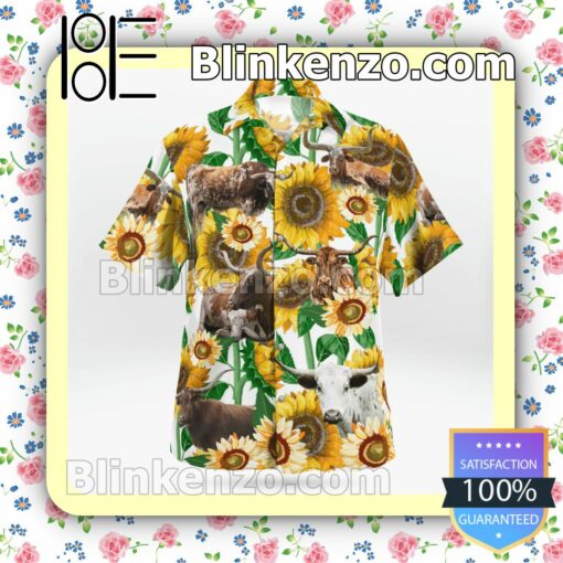 Texas Longhorn Cattle Sunflower  Summer Hawaiian Shirt, Mens Shorts