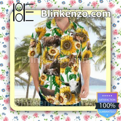 Texas Longhorn Cattle Sunflower  Summer Hawaiian Shirt, Mens Shorts a