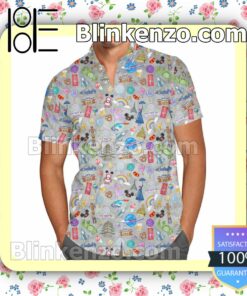 The EPCOT Experience Disney World Cartoon Graphics Gray Summer Hawaiian Shirt, Mens Shorts