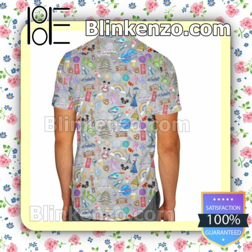 The EPCOT Experience Disney World Cartoon Graphics Gray Summer Hawaiian Shirt, Mens Shorts a