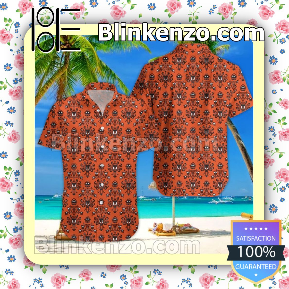 The Haunted Mansion Wallpaper Disney Cartoon Graphics Orange Summer Hawaiian Shirt, Mens Shorts