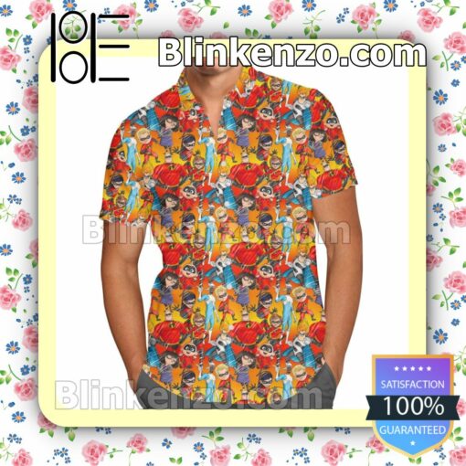 The Incredibles Sketched Pixar Disney Cartoon Graphics Inspired Summer Hawaiian Shirt, Mens Shorts