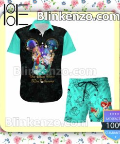 The Little Mermaid 50th Anniversary Glitter Disney Castle Black Turquoise Summer Hawaiian Shirt, Mens Shorts